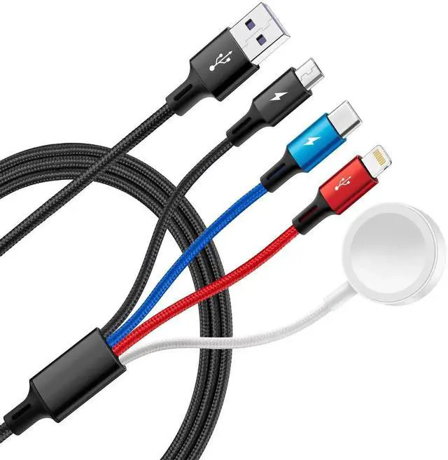 Main image of Multi Charging Cable Nylon Braided USB C/Lightning/Micro Port Compatible for Watch Charger USB Magnetic Wireless Charger iWatch Series 9-1/iPhone 15 14/Galaxy Android (1 Black 4ft)