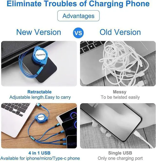 Alt view image 4 of 7 - Multi Charging Cable 4A 2Pack 3.3Ft Retractable Fast Charger Cable 4 in 1 Multi Charging Cord USB Cable with Phone/Type C/Micro USB Ports for Cell Phones/Tablets/ Galaxy/PS & More