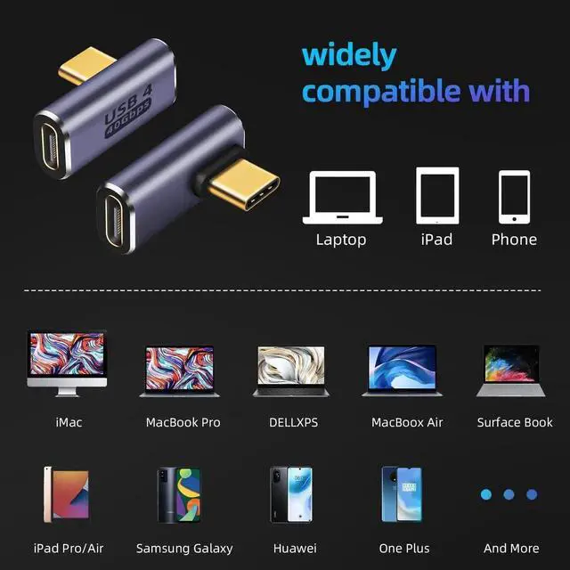 Alt view image 4 of 5 - JAENFONG USB C Right Angle Adapter 100W PD USB4 Type C Adapter 40Gbps 90 Degree USB C Right Angle Adapter Support 8K 60Hz Video with LED Light for ipad Thunderbolt 4 MacBook Tablet Phone (2 Pack)