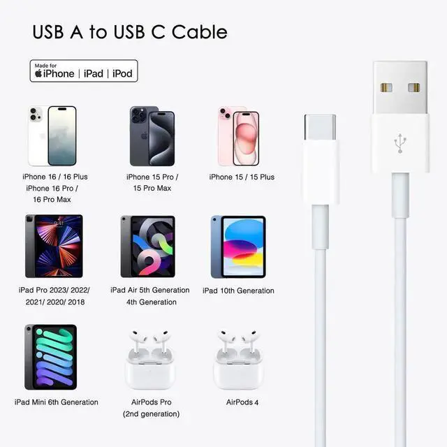 Alt view image 3 of 7 - New Airpods 4 Charging Cord Type C Airpod 4 Charger Cable USB A to USB C Cable Compatible for 2 (2nd Gen) Wireless Earbuds AirPods Max 2 (2024) iPhone 15/16 Car Carplay Cable 3.3FT