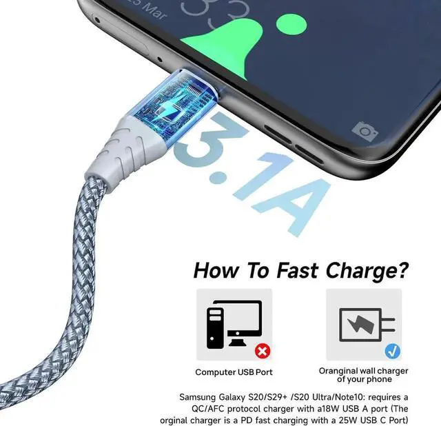 Alt view image 2 of 7 - USB C Cable 4pack 10ft 3.1A Fast Charging Cable USB Type C Charger Cord Nylon Braided Compatible with Galaxy A10e A20 A50 A51 A71 S10 S9 S8 Plus S10E Note 20 10 9 8 Moto G7 G8