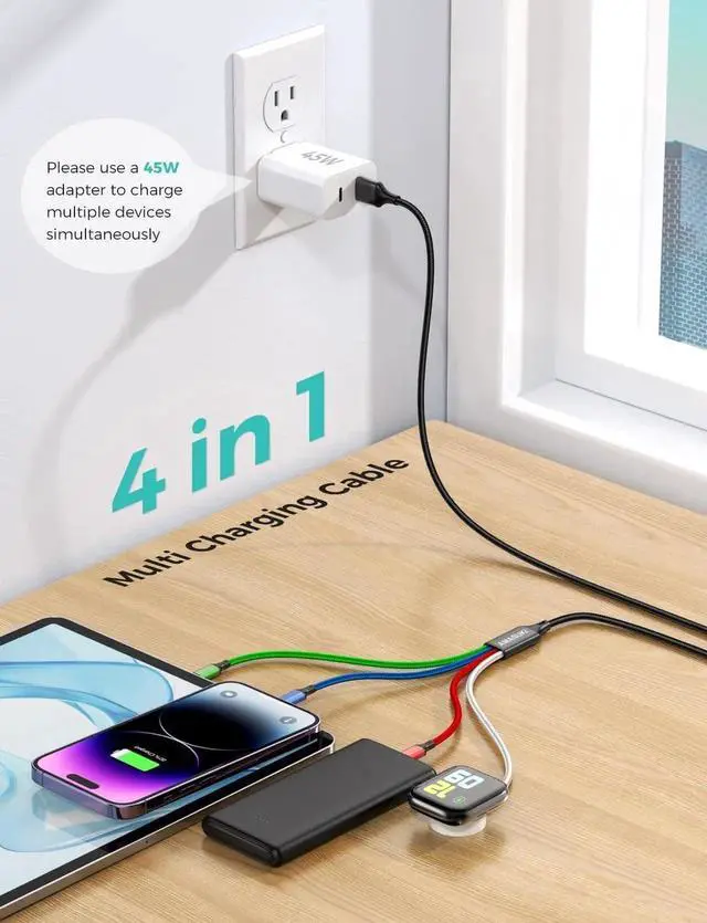 Alt view image 7 of 7 - Upgraded Travel Essentials for Watch Charger 4 in 1 Multi Charging Cable iWatch Charger Camping Essentials USB C/L/Micro Compatible with iWatch Series 10-1/SE/iPhone 16 15/Galaxy Android-4FT