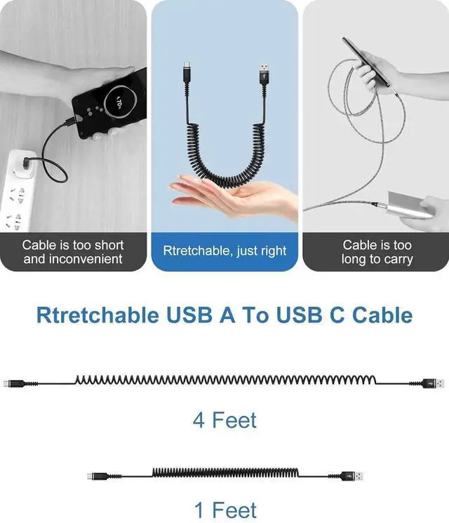 Alt view image 5 of 7 - USB C Coiled Cable Fast Charging for iPhone 16e/16Pro Max/16/15 Pro Max/15Pro/15 4FT Coiled USB A to Type C Charge Cord for Car Retractable Android Auto USB Type C Charging Cable for Pixel