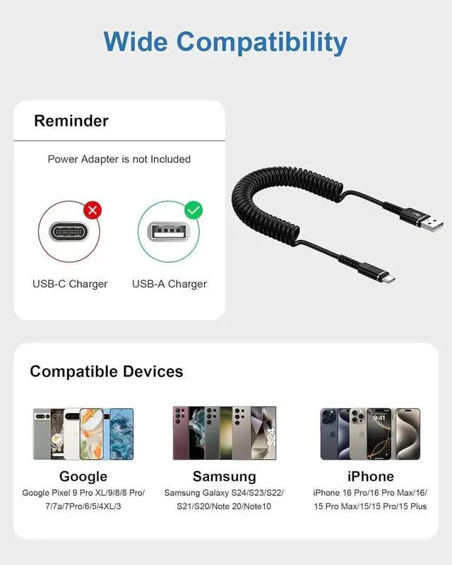 Alt view image 6 of 7 - USB C Coiled Cable Fast Charging for iPhone 16e/16Pro Max/16/15 Pro Max/15Pro/15 4FT Coiled USB A to Type C Charge Cord for Car Retractable Android Auto USB Type C Charging Cable for Pixel