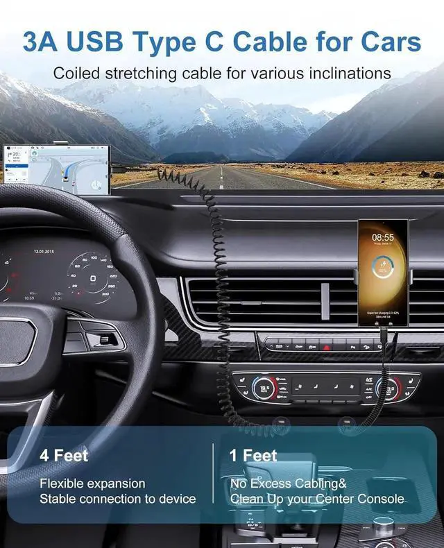 Alt view image 4 of 7 - USB C Coiled Cable Fast Charging for iPhone 16e/16Pro Max/16/15 Pro Max/15Pro/15 4FT Coiled USB A to Type C Charge Cord for Car Retractable Android Auto USB Type C Charging Cable for Pixel
