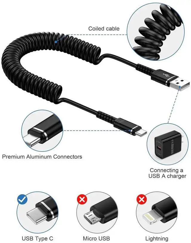 Alt view image 7 of 7 - USB C Coiled Cable Fast Charging for iPhone 16e/16Pro Max/16/15 Pro Max/15Pro/15 4FT Coiled USB A to Type C Charge Cord for Car Retractable Android Auto USB Type C Charging Cable for Pixel