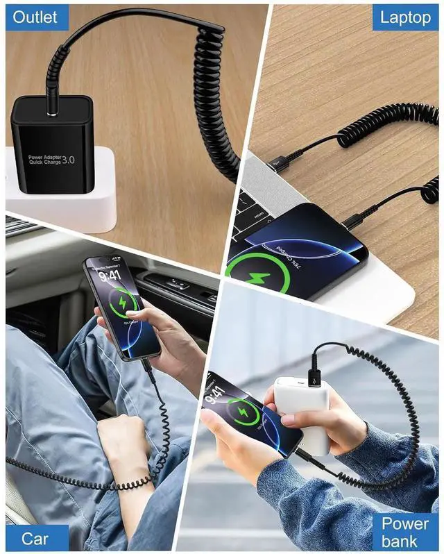 Alt view image 2 of 7 - USB C Coiled Cable Fast Charging for iPhone 16e/16Pro Max/16/15 Pro Max/15Pro/15 4FT Coiled USB A to Type C Charge Cord for Car Retractable Android Auto USB Type C Charging Cable for Pixel