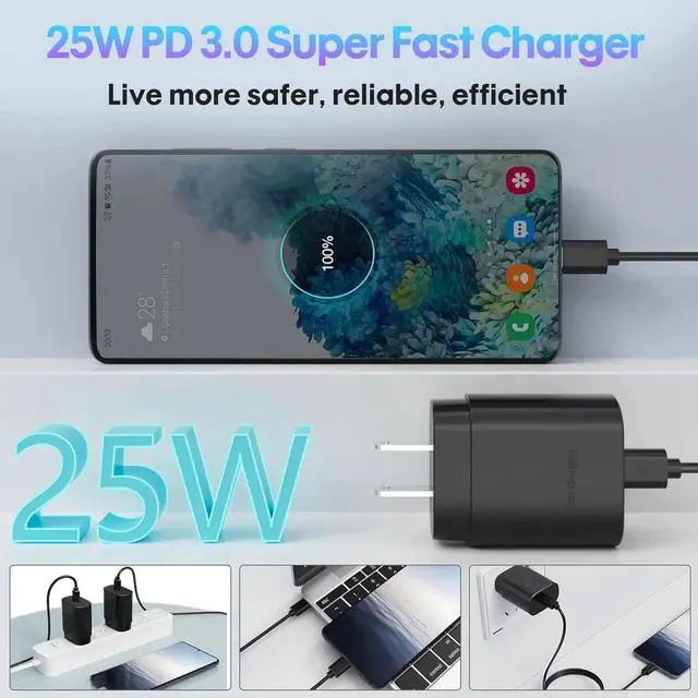 Alt view image 5 of 7 - 2-Pack Fast Type C Charger 25W Type C Charger Fast Charging Block with USB C Cable Compatible with S24U/S23/S22/S21/S20/i Phone 16/15 (Black)