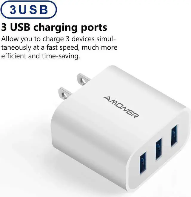 Alt view image 2 of 7 - USB Wall Charger 2Pack 15W 3-Port USB Charger Block iPhone Cube Charging Blocks for iPhone 14/13/12/11/X/XR/X/8/7/6 Galaxy Android Phones and More