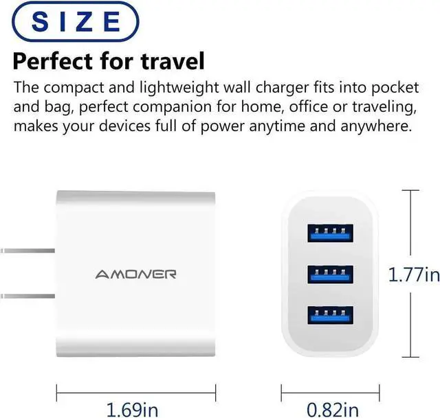 Alt view image 5 of 7 - USB Wall Charger 2Pack 15W 3-Port USB Charger Block iPhone Cube Charging Blocks for iPhone 14/13/12/11/X/XR/X/8/7/6 Galaxy Android Phones and More