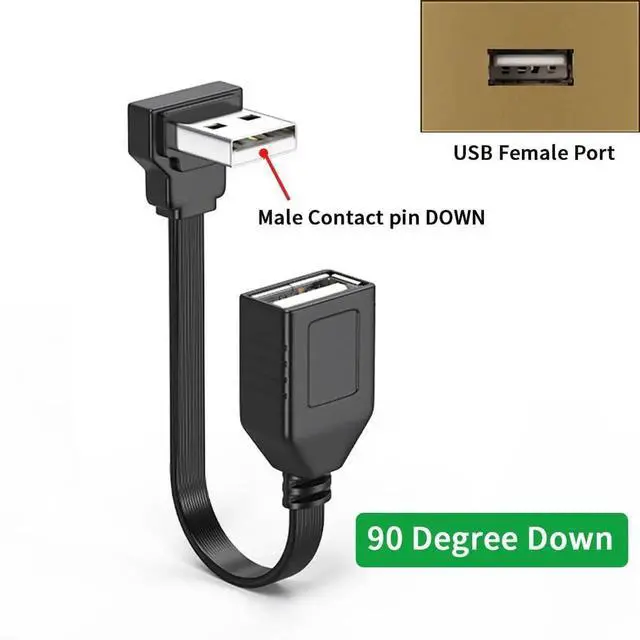 Alt view image 4 of 7 - JAENFONG 2 Pack 90 Degree USB2.0 Extension Cable Flat Short 4inch 10CM Downangle Right Angle USB A Male to Female Cable Dual USB Charging Port Black