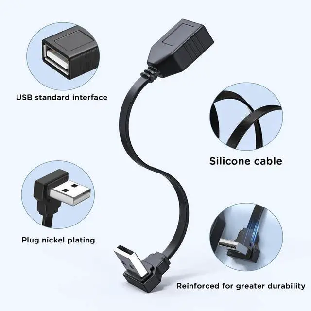 Alt view image 3 of 7 - JAENFONG 2 Pack 90 Degree USB2.0 Extension Cable Flat Short 4inch 10CM Downangle Right Angle USB A Male to Female Cable Dual USB Charging Port Black