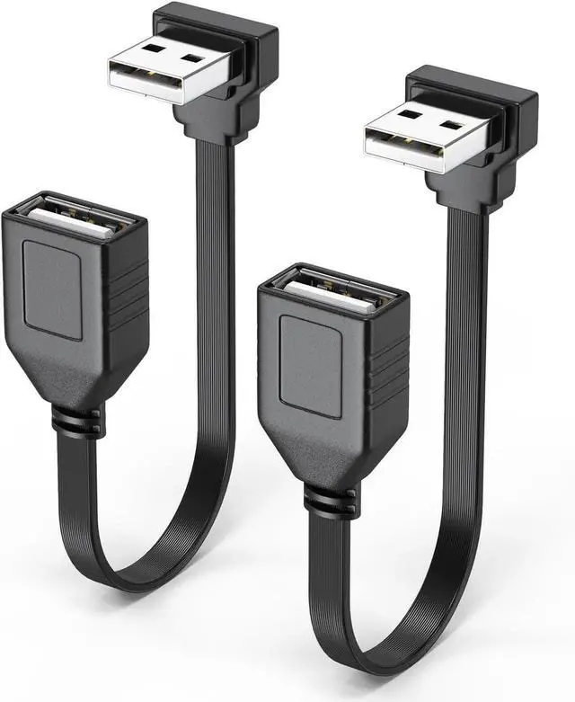 Main image of JAENFONG 2 Pack 90 Degree USB2.0 Extension Cable Flat Short 4inch 10CM Downangle Right Angle USB A Male to Female Cable Dual USB Charging Port Black