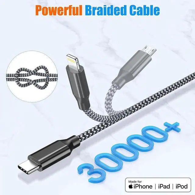 Alt view image 6 of 7 - Multi Charging Cable 4ft 2Pack 3in1 Charger Cord Multiple iPhone Charger Lightning Wire Nylon Braided MFi Certified Universal for USB Type c Micro Phone