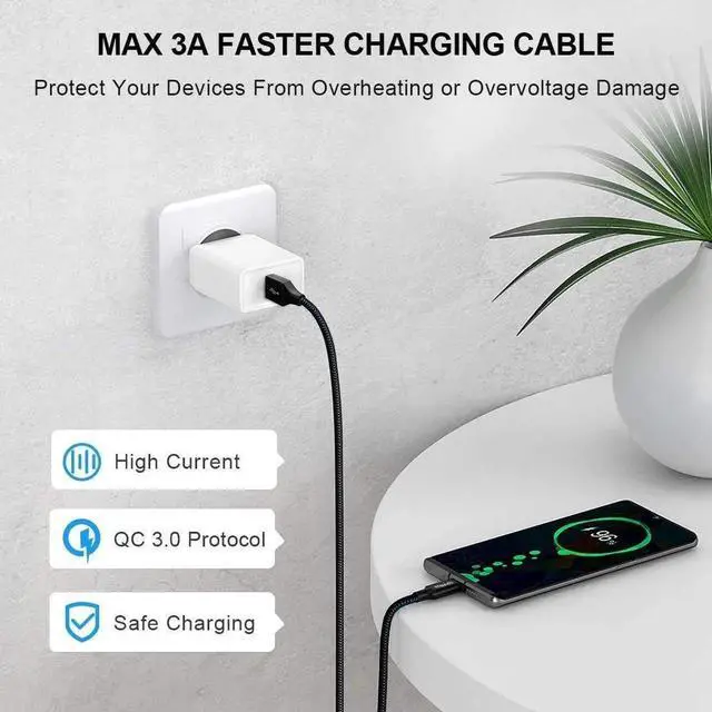Alt view image 2 of 7 - USB A to USB C Cable 5-Pack (3/3/6/6/10 ft) Fast Charging Type C Charger Cord for iPhone 16 15 Pro/Pro Max/Plus for Galaxy S24 S23 S22 S21 S20 S10 A55 A54 Flip Pixel Moto G Black
