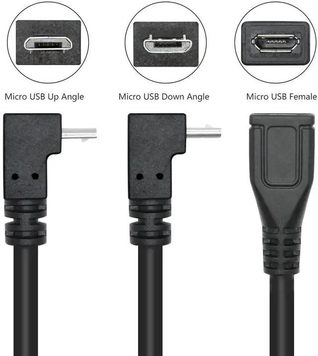 Alt view image 3 of 7 - JAENFONG Short 9in Micro USB Extension Cable 90 Up & Down Angle Male to Female Charging & Sync for Phones Tablets & More (1 Pair)