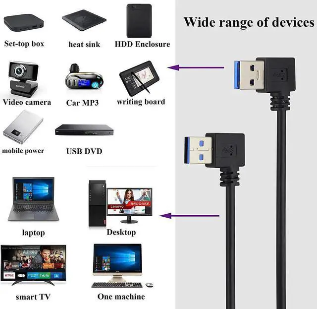 Alt view image 3 of 7 - JAENFONG 90 Degree USB 3.0 A Extension Cable Left & Right Angle USB 3.0 Type A Male to Male Charging and Data Transfer Cable for Hard Drive Printers Cameras Mouse Laptop Cooler(0.3M/1ft-Black)