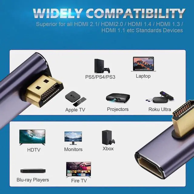 Alt view image 4 of 6 - JAENFONG 8K HDMI 2.1 Right Angle Adapter (2 Pack) Left&Right 90 Degree and 270 Degree HDMI Male to HDMI Female Extender Connector Aluminum Alloy