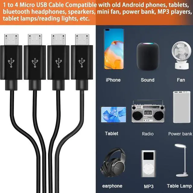 Alt view image 3 of 7 - Micro USB Splitter Cable 4-in-1 Multi Micro USB Charging Cord USBMicro Wire Lead Type A Male to 4 MicroUSB Male Adapter Cable for Data Sync/Charge (1.64ft Black)