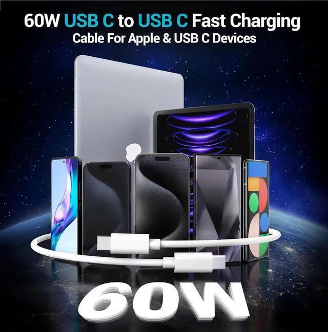Alt view image 3 of 7 - 4-Pack [ 2x6ft + 2x10ft ] 60W USB-C to C Fast Charging Cable Type C to C Charger Cord for iPhone 16 16 Plus 16 Pro 16 Pro Max 15 15 Plus 15 Pro 15 Pro Max Pad Pro Galaxy S25 S24 S23 S22- White