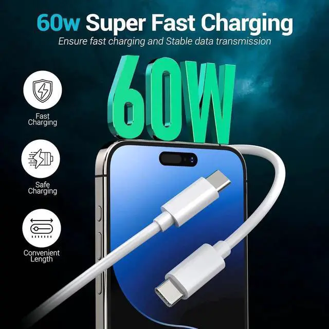 Alt view image 5 of 7 - 4-Pack [ 2x6ft + 2x10ft ] 60W USB-C to C Fast Charging Cable Type C to C Charger Cord for iPhone 16 16 Plus 16 Pro 16 Pro Max 15 15 Plus 15 Pro 15 Pro Max Pad Pro Galaxy S25 S24 S23 S22- White