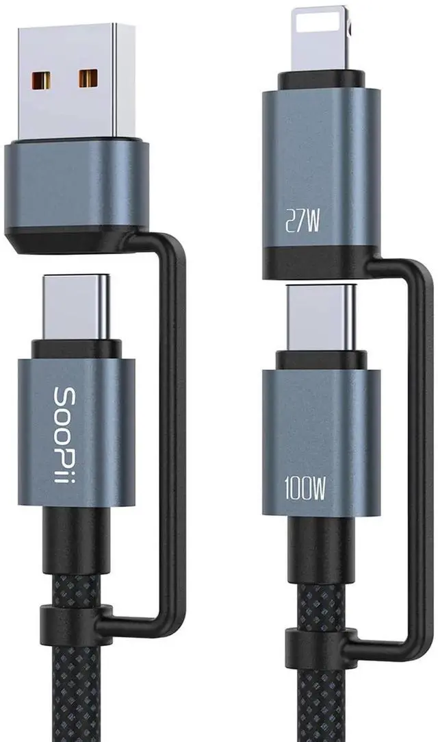 Main image of 100W 4FT Multi USB C Charging Cable 4 in 1 C/A to C/IP Fast Charger Cable PD 5A Nylon Braided Multiple Charging Cord for Phones Tablets Laptops and More (Black)