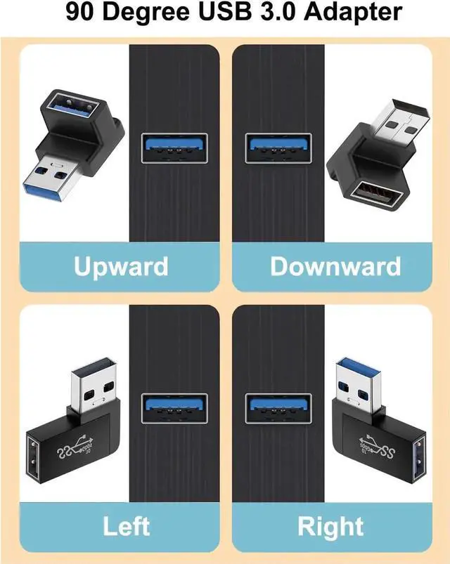 Alt view image 5 of 5 - JAENFONG 90 Degree USB 3.0 Adapter (4 Pack) Vertical Up and Down Angle Horizontal Left and Right Angle USB Male to Female Extender Connector