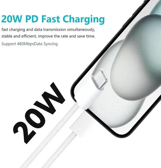 Alt view image 2 of 6 - 6FT 20W Fast Charger Adapter for AirPods 4 Gen 4 Generation 2 2nd AirPod Max 2024 iPhone 16e 16 15 iPad Air Pro 13/12.9 10th 5/4 USB Type C Woven Cable Charging Heads and More