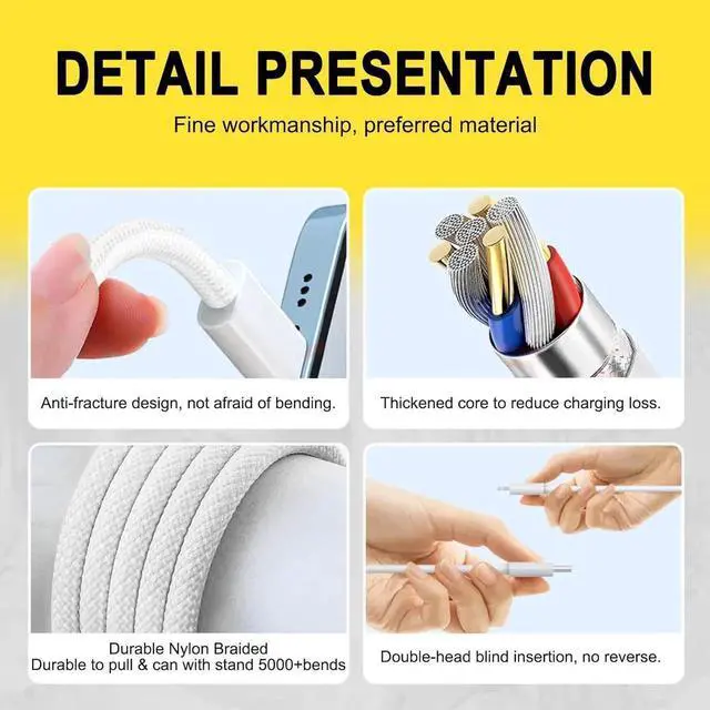 Alt view image 6 of 6 - 6FT 20W Fast Charger Adapter for AirPods 4 Gen 4 Generation 2 2nd AirPod Max 2024 iPhone 16e 16 15 iPad Air Pro 13/12.9 10th 5/4 USB Type C Woven Cable Charging Heads and More