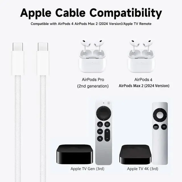 Alt view image 2 of 7 - 6FT AirPods 4 USB C Cable 20W Wall Charger for AirPods 4 Gen 2 2nd AirPods Max 2 (2024) TV Remote 3rd/4th gen TV 4K/Siri Remote 3 gen iPhone 15/16 Pro Max Plus Charging Cord