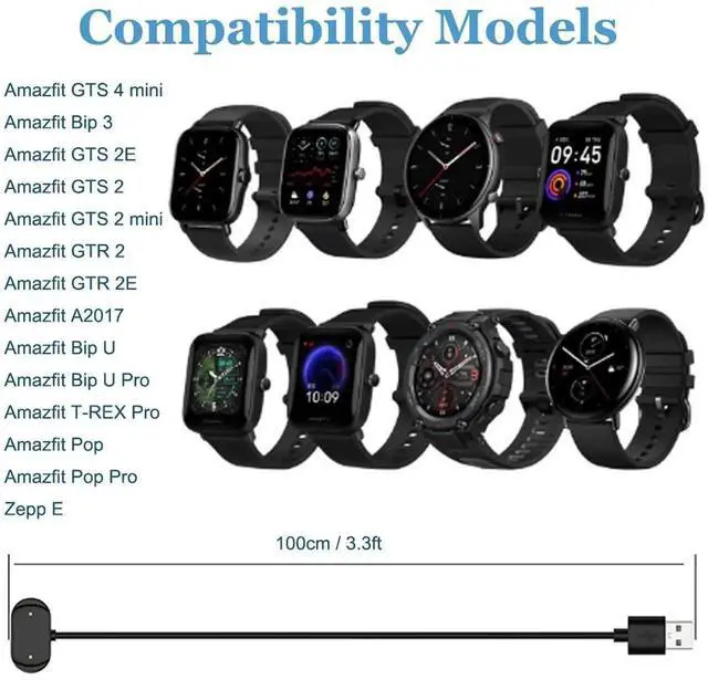 Alt view image 2 of 7 - for Amazfit GTR 2 Charger USB Charging Cable for T-Rex Pro GTR 2e GTS 2 GTS 2e GTS 2 / GTS 4 Mini Bip 5 Bip 3 Bip U Pro Zepp E/Z Smartwatch (2-Pack 3.3ft/100cm)