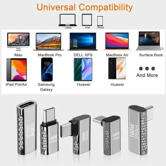 Alt view image 6 of 6 - JAENFONG USB Type C Male-to-Female Adapter 100W Fast Charging 20Gbps Data Transfer 90 Degree Design 8K & 60Hz Video Output Durable Aluminum Casing
