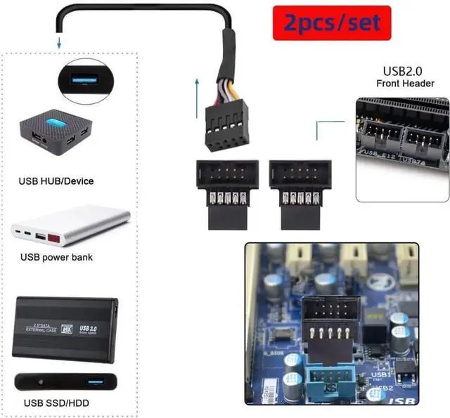 Alt view image 3 of 7 - JAENFONG 2 Pack USB 2.0 Front Panel Header 9/10Pin Male to Female 90 Degree Angled Direction Gender Changer Connector Adapter
