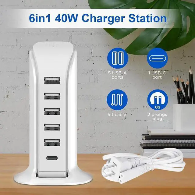 Alt view image 2 of 7 - Charging Station for Multiple Devices 40W Wall Charger Block 5 USB Ports(Shared 6A) USB Charging Hub Smart IC Charger Tower with Type-C 3A for iPhone iPad Tablets Smartphones Home Office Use