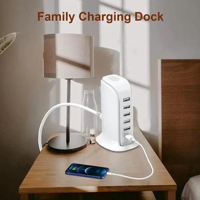 Alt view image 3 of 7 - Charging Station for Multiple Devices 40W Wall Charger Block 5 USB Ports(Shared 6A) USB Charging Hub Smart IC Charger Tower with Type-C 3A for iPhone iPad Tablets Smartphones Home Office Use