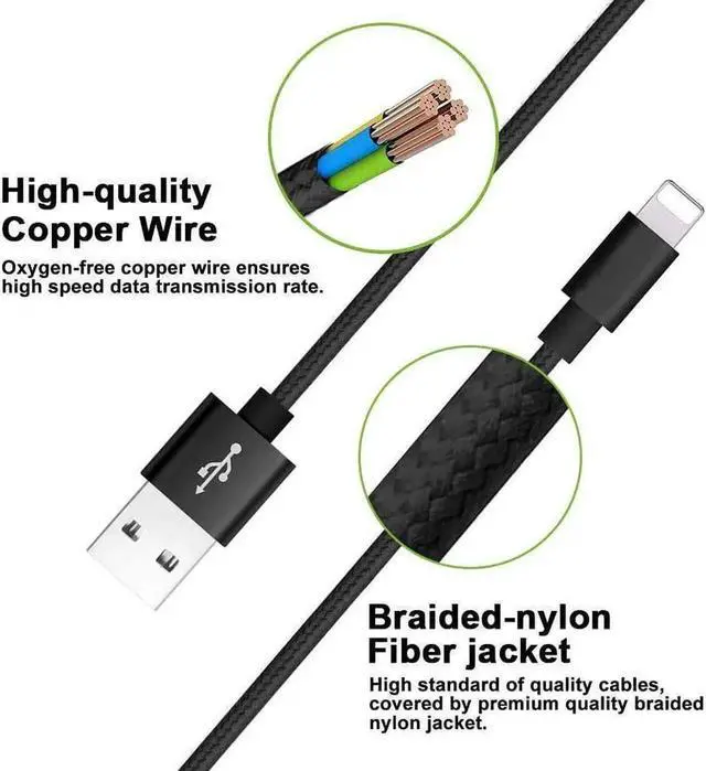 Alt view image 3 of 6 - Compatible Phone Cable [2Pack] 4FT Nylon Braided Fast Charging USB Cord Replcement for Phone X 8 8 Plus 7 7 Plus 6s 6s Plus 6 6 Plus 5 5S 5C SE Pad Air Mini and More (2 Pack Black 4 FT)