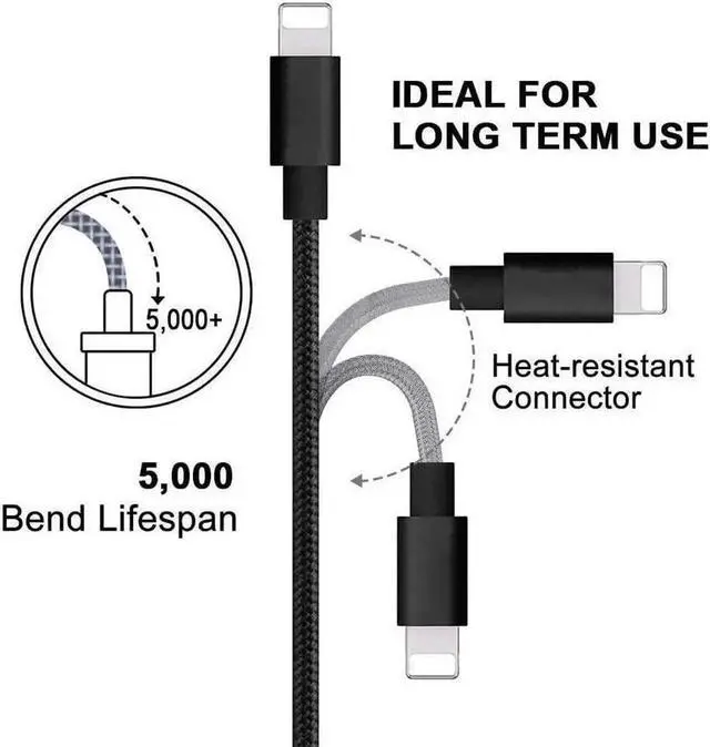 Alt view image 6 of 6 - Compatible Phone Cable [2Pack] 4FT Nylon Braided Fast Charging USB Cord Replcement for Phone X 8 8 Plus 7 7 Plus 6s 6s Plus 6 6 Plus 5 5S 5C SE Pad Air Mini and More (2 Pack Black 4 FT)