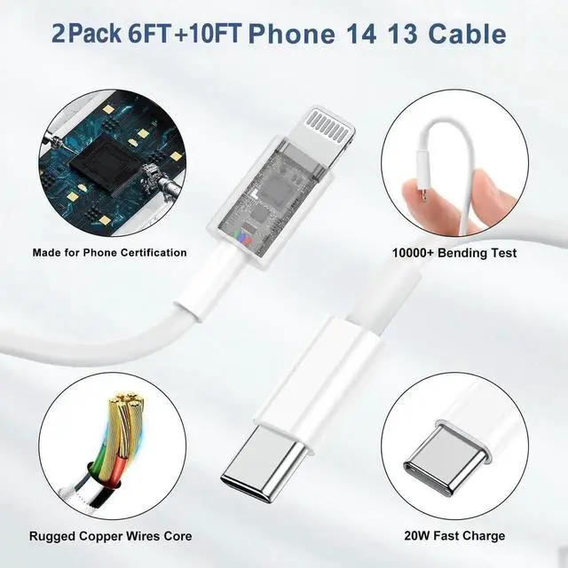 Alt view image 2 of 7 - Fast Charger for iPhone 14 13 12 Charge Fast Charging 2Pack 6FT+10FT USB C to L Cable with 20W USB C for i Phone Charger Block Compatible with iPhone 14 13 12 Pro/14 Plus/13 Pro Max - White
