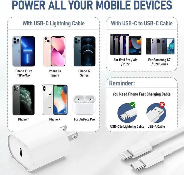 Alt view image 4 of 7 - Fast Charger for iPhone 14 13 12 Charge Fast Charging 2Pack 6FT+10FT USB C to L Cable with 20W USB C for i Phone Charger Block Compatible with iPhone 14 13 12 Pro/14 Plus/13 Pro Max - White