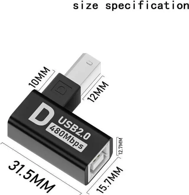 Alt view image 2 of 5 - JAENFONG Type-B Male USB 2.0 to Female Extension Adapter Left+Right+up+Down Angled Each Horizontal Vertical Angled for Printer