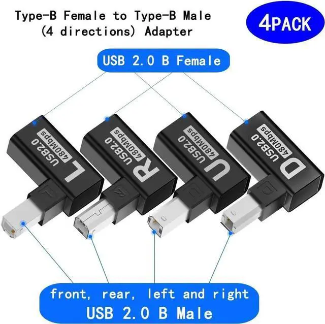 Alt view image 4 of 5 - JAENFONG Type-B Male USB 2.0 to Female Extension Adapter Left+Right+up+Down Angled Each Horizontal Vertical Angled for Printer