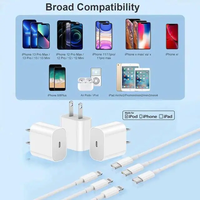 Alt view image 5 of 7 - 3Pack iPhone Charger Fast Charging 20W Fast PD USB C Wall Charger Adapter with 6Ft USB C to Lightning Cable Compatible for iPhone 14/14 Plus/14 Pro/14 Pro Max/13/ White