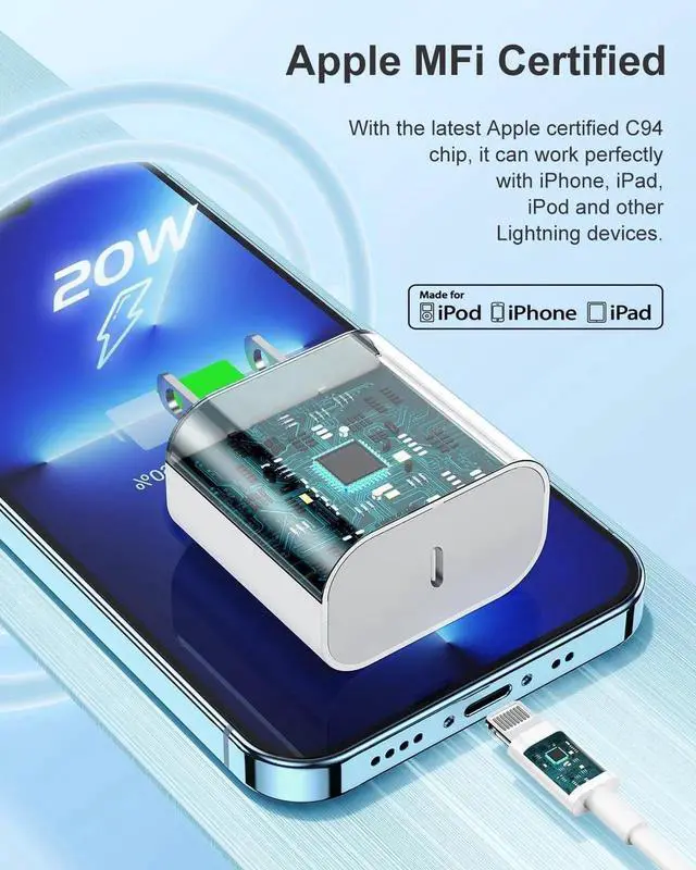 Alt view image 6 of 7 - 3Pack iPhone Charger Fast Charging 20W Fast PD USB C Wall Charger Adapter with 6Ft USB C to Lightning Cable Compatible for iPhone 14/14 Plus/14 Pro/14 Pro Max/13/ White