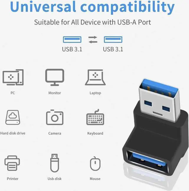 Alt view image 4 of 7 - JAENFONG 90 Degree USB 3.0 Adapter 10Gbps USB Extender Adapter Type A Male to Female Cable Adapter UP Angle Type A to A Adapter for Hard Drive Keyboard Laptop 2Pack