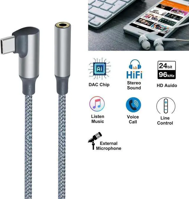 Alt view image 2 of 7 - JAENFONG Right Angle USB C to 3.5mm Audio Adapter Headphone Jack USBc 3.5 mm Cable Aux USB Type C Cord Male Female Dongle DAC Chip for Android Phone Tablet Laptop Speaker Microphone Car Stereo Grey