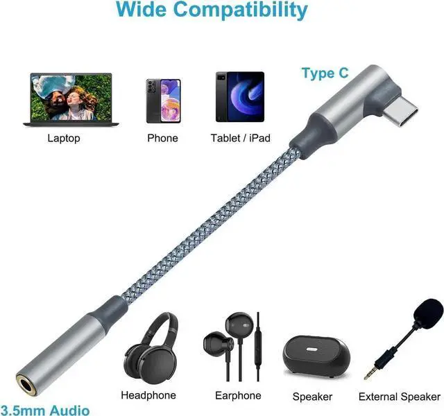 Alt view image 6 of 7 - JAENFONG Right Angle USB C to 3.5mm Audio Adapter Headphone Jack USBc 3.5 mm Cable Aux USB Type C Cord Male Female Dongle DAC Chip for Android Phone Tablet Laptop Speaker Microphone Car Stereo Grey
