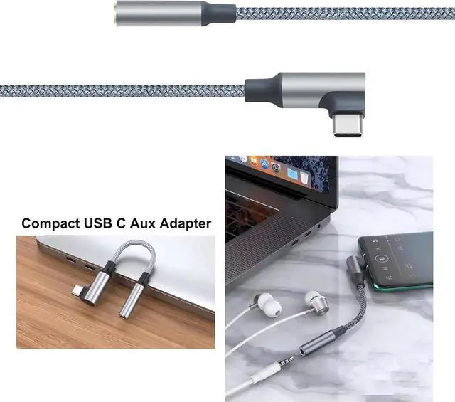 Alt view image 5 of 7 - JAENFONG Right Angle USB C to 3.5mm Audio Adapter Headphone Jack USBc 3.5 mm Cable Aux USB Type C Cord Male Female Dongle DAC Chip for Android Phone Tablet Laptop Speaker Microphone Car Stereo Grey
