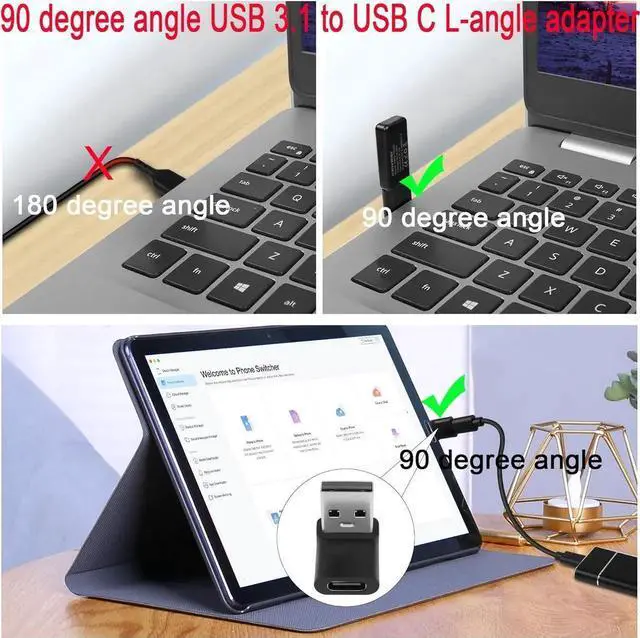 Alt view image 6 of 7 - JAENFONG 10Gbps USB 10Gbps USB 3.1 to USB C 90° Angle Adapter USB A Male to USB C Female L-Shaped Angle Connector for OTG Data Transfer 3A Charging for PC Laptop Tablet 2Pcs (Positive Bend/Female up)