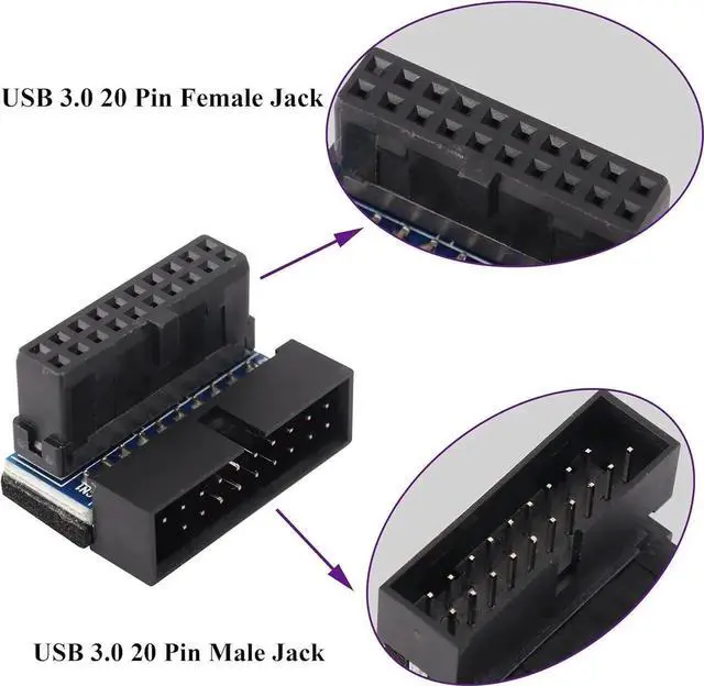 Alt view image 4 of 7 - JAENFONG 2 Pack Down Right Angle USB 3.0 19-pin Connector 90 Degree 19Pin/20Pin 3.0 USB Female to Male Extension Power Adapter Board for Desktop Motherboard Internal Header Adapter(Down/Black-20Pin)