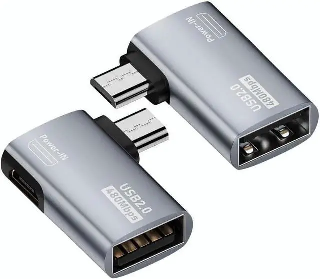 Main image of JAENFONG 2-in-1 Powered Micro USB OTG Adapter 90 Degree Right Angled with Micro USB Power Charging Port 2 Pack